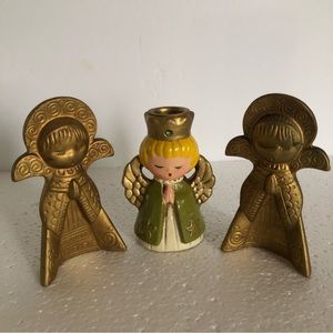 3 Vintage MCM Christmas Angels 2 Gold Curved Japan 1 Candle Holder Green Dress